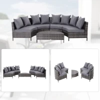 Outsunny Rattan Garden Furniture 4 Seaters Half-round Patio Outdoor Sofa & Table Set Wicker Weave Conservatory Cushioned Seat with Pillow - Grey(m-5)