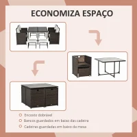 Outsunny Conjunto de Móveis de Vime PE para Jardim Conjunto de 9 Peças Mesa Cadeiras e Bancos com Almofadas para Exterior Marrom(m-4)