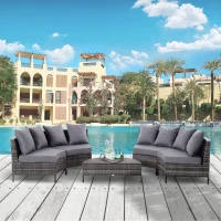 Outsunny Rattan Garden Furniture 4 Seaters Half-round Patio Outdoor Sofa & Table Set Wicker Weave Conservatory Cushioned Seat with Pillow - Grey(m-2)