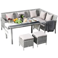 Outsunny 6-Seater Rattan Dining Set Sofa Table Footstool Outdoor w/ Cushion Garden Furniture(m-16)