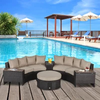 Outsunny 8 Pieces Outdoor PE Rattan Patio Sofa Set Half Round Conversation Furniture Set w/ Umbrella Hole and Two Stroage Functional Side Tables and Cushioned, Beige(m-9)