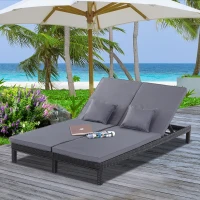 Outsunny 2 Seater Rattan Lounger Adjustable Double Chaise Chair Loveseat w/ Cushion Black(m-2)