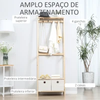 HOMCOM Suporte para Cabides de Madeira 2 Prateleiras Cabide com 2 Gavetas de Tecido 4 Ganchos e Barra para Pendurar 58x36x168cm Madeira(m-5)