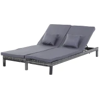 Outsunny 2 Seater Rattan Lounger Adjustable Double Chaise Chair Loveseat w/ Cushion - Grey(m-1)