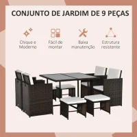 Outsunny Conjunto de Móveis de Vime PE para Jardim Conjunto de 9 Peças Mesa Cadeiras e Bancos com Almofadas para Exterior Marrom(m-6)