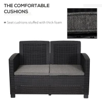 Outsunny Garden PP Rattan Style Sofa Table Set 4 Seater Outdoor Patio 2 Single Chairs & 1 Bench Conservatory Furniture Cushioned Black(m-6)