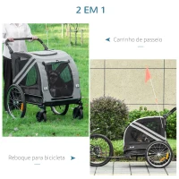 PawHut Reboque de Bicicleta para Cães 2 em 1 Transporte para Animais de Estimação com Porta Enrolável Janelas Cinto de Segurança Bandeira e 6 Refletores 140x72,5x108 cm Cinza(m-5)