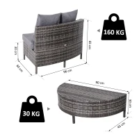 Outsunny Rattan Garden Furniture 4 Seaters Half-round Patio Outdoor Sofa & Table Set Wicker Weave Conservatory Cushioned Seat with Pillow - Grey(m-3)