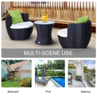 Outsunny 3-Piece Outdoor Rattan Bistro Set, Patio Wicker Balcony Furniture, Assembled Conservatory Vase Chair Stackable Furniture Set with Cushions, Black(m-7)