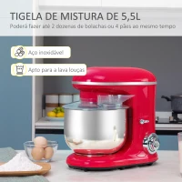 HOMCOM Batedeira para Sobremesa Profissional 1200W Batedeira de Cozinha com 6 Velocidades Taça de Aço Inoxidável de 5,5L e 3 Acessórios Incluidos 37x23x37cm Vermelho(m-5)