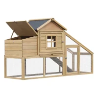 PawHut Chicken Coop, Rabbit Hutch, Hen House, Wooden Poultry Habitat with Outdoor Run, Nesting Box, Slide Out Tray, Lockable Doors, Ramp, Window, 176 x 66 x 110cm, Natural(m-11)