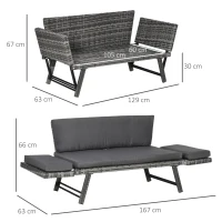 Outsunny 2 Seater Rattan Sofa with Cushions, 2-in-1 PE Rattan Daybed Sofa with Left Up or Down Armrests, Garden Chaise Lounger Loveseat for Outdoor, Patio, Mixed Grey(m-3)