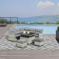 Outsunny 6 Pieces Patio PE Rattan Dining Sofa Set, Outdoor Wicker Sectional Conversation Aluminum Frame Furniture Set w/ Thick Padded Cushion & Liftable Coffee Table, Grey(m-2)