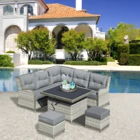 Outsunny 6 Pieces Patio PE Rattan Dining Sofa Set, Outdoor Wicker Sectional Conversation Aluminum Frame Furniture Set w/ Thick Padded Cushion & Liftable Coffee Table, Grey(m-10)