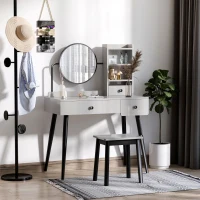 HOMCOM Dressing Table Set with Mirror and Stool, Vanity Makeup Table with 3 Drawers and Open Shelves for Bedroom, Living Room, Grey(m-11)