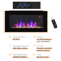 HOMCOM LED Wall Mounted Fireplace Curved Glass Electric Fire Place for Living Room, 1000W/2000W, 48H x 90.8W x 11.5Dcm, Black(m-5)