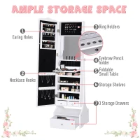 HOMCOM Jewellery Cabinet with led, mirroir Cabinet Armoire Floor Standing Flip-over Makeup Shelf Organizer with lock white(m-6)