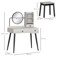 HOMCOM Dressing Table Set with Mirror and Stool, Vanity Makeup Table with 3 Drawers and Open Shelves for Bedroom, Living Room, Grey(m-3)