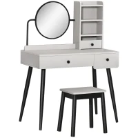 HOMCOM Dressing Table Set with Mirror and Stool, Vanity Makeup Table with 3 Drawers and Open Shelves for Bedroom, Living Room, Grey(m-1)