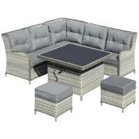 Outsunny 6 Pieces Patio PE Rattan Dining Sofa Set, Outdoor Wicker Sectional Conversation Aluminum Frame Furniture Set w/ Thick Padded Cushion & Liftable Coffee Table, Grey(m-11)
