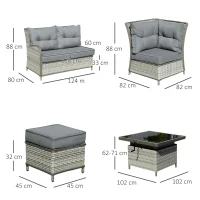 Outsunny 6 Pieces Patio PE Rattan Dining Sofa Set, Outdoor Wicker Sectional Conversation Aluminum Frame Furniture Set w/ Thick Padded Cushion & Liftable Coffee Table, Grey(m-3)