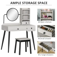 HOMCOM Dressing Table Set with Mirror and Stool, Vanity Makeup Table with 3 Drawers and Open Shelves for Bedroom, Living Room, Grey(m-4)