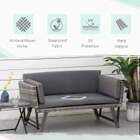 Outsunny 2 Seater Rattan Sofa with Cushions, 2-in-1 PE Rattan Daybed Sofa with Left Up or Down Armrests, Garden Chaise Lounger Loveseat for Outdoor, Patio, Mixed Grey(m-5)