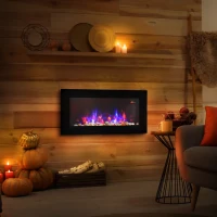 HOMCOM LED Wall Mounted Fireplace Curved Glass Electric Fire Place for Living Room, 1000W/2000W, 48H x 90.8W x 11.5Dcm, Black(m-14)