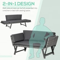Outsunny 2 Seater Rattan Sofa with Cushions, 2-in-1 PE Rattan Daybed Sofa with Left Up or Down Armrests, Garden Chaise Lounger Loveseat for Outdoor, Patio, Mixed Grey(m-4)