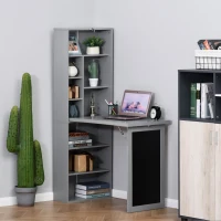 HOMCOM Folding Convertible Desk with Blackboard Multi-function Computer Office Workstation Side Shelf for Home Office, Grey(m-12)