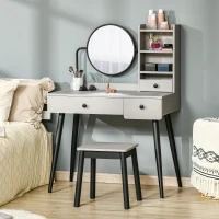 HOMCOM Dressing Table Set with Mirror and Stool, Vanity Makeup Table with 3 Drawers and Open Shelves for Bedroom, Living Room, Grey(m-2)