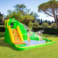 Outsunny 5 in 1 Kids Bouncy Castle Large Crocodile Style Inflatable House Slide Basket Water Pool Gun Climbing Wall with Blower Carrybag for Kids Age 3-8, 3.85 x 2.85 x 2.25m(m-10)
