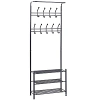 HOMCOM Coat Rack Stand Hall Tree Hallway Furniture with 18 Hooks 3-Tier Shoe Rack Metal Frame for Entryway Bedroom Living Room Black(m-1)