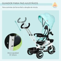 HOMCOM Triciclo para Bebé 2 em 1 Triciclo Evolutivo para Crianças de 1-5 Anos com Capô Dobrável Guiador Telescópico Grade de Proteção Removível e Apoio para os Pés 100x48x106cm Turquesa(m-7)