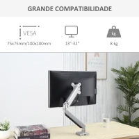 Vinsetto Suporte para Monitor para Telas LED LCD de 13"-32" Polegadas  VESA 75/100mm com Braçadeira Giratório 360° Altura Ajustável e 2 Opções de Montagem 50x11x19,5-47,5cm Prata(m-4)