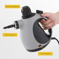 HOMCOM Limpador a Vapor Portátil 1050W Vapor de Limpeza de Pressão com Tanque de 350ml e 9 Acessórios Multiuso para Sofá Assento Carro Cozinha 30x15x21cm Preto e Cinza(m-5)
