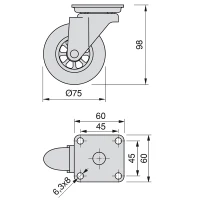 Emuca Kit di 4 ruote transparenti  Slip D. 75 mm con piastra di montaggio e cuscinetti a sfera(m-6)