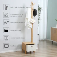 HOMCOM Cabide de Pé de Bambu com Banco Gaveta de Tecido e 8 Ganchos para Pendurar Roupa Bolsas Casacos para Entrada Sala de Estar Corredor 35x35x177cm Natural(m-7)