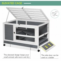 PawHut Indoor Rabbit Hutch Guinea Pig House Wooden Elevated Pet Bunny Cage with Wheels Openable Roof 102 x 60 x 63.5cm Grey(m-5)