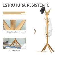 HOMCOM Cabide de Pé de Bambu com 8 Ganchos para Pendurar Roupas Bolsas Chapéus para Entrada Corredor Dormitório 60x60x178cm Natural(m-5)