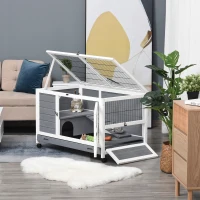 PawHut Indoor Rabbit Hutch Guinea Pig House Wooden Elevated Pet Bunny Cage with Wheels Openable Roof 102 x 60 x 63.5cm Grey(m-9)