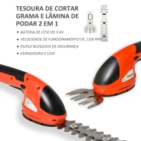 Outsunny Tesoura para Poda 2 em 1 a Bateria de 3.6V com 2 Lâminas Largas de Corte 12cm/8cm para Relva Cercas Vivas Chave de Segurança 37x6x9,5cm Vermelho e Preto(m-7)
