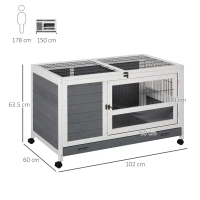 PawHut Indoor Rabbit Hutch Guinea Pig House Wooden Elevated Pet Bunny Cage with Wheels Openable Roof 102 x 60 x 63.5cm Grey(m-3)