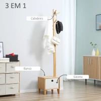 HOMCOM Cabide de Pé de Bambu com Banco Gaveta de Tecido e 8 Ganchos para Pendurar Roupa Bolsas Casacos para Entrada Sala de Estar Corredor 35x35x177cm Natural(m-4)