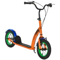 HOMCOM Kids Kick Scooter, Push Scooter, Adjustable Height, Front Rear Dual Brakes, 12-Inch Inflatable Rubber Wheels, for 5+ Years, Orange(m-1)