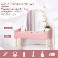 HOMCOM Tocador Mesa de Maquillaje con Espejo Redondo Cajón y Patas de Madera Maciza Estilo Infantil Moderno Nórdico para Dormitorio Vestidor 76x48x123,5 cm Rosa(m-5)