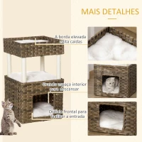 PawHut Árvore Arranhadora para Gatos de Vime Torre para Gatos Médios com Caverna 2 Camas Postes de Sisal Natural e Almofadas Laváveis de Pélucia Suave 40x40x70cm Marrom(m-7)