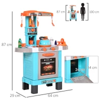 HOMCOM Cocina de Juguetes para Niños Mayores de 3 Años con 33 Accesorios Juegos de Rol Luces y Sonidos Educativo 64x29x87 cm Azul(m-3)