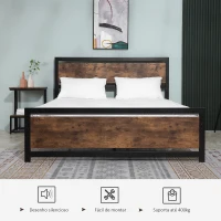 HOMCOM Estrutura de Cama Dupla de Metal 31cm para Colchão 150x200cm com Cabeceira de Madeira Estrutura de Cama com Espaço em Baixo de Armazenamento 160x208x103cm Preto e Marrom Rústico(m-6)