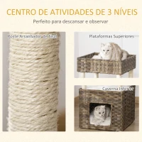 PawHut Árvore Arranhadora para Gatos de Vime Torre para Gatos Médios com Caverna 2 Camas Postes de Sisal Natural e Almofadas Laváveis de Pélucia Suave 40x40x70cm Marrom(m-4)